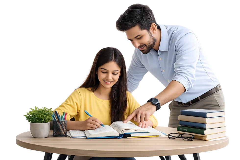 Teacher guiding a student with study resources