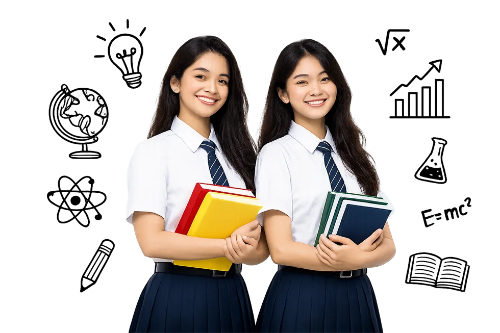 Students holding books with education icons